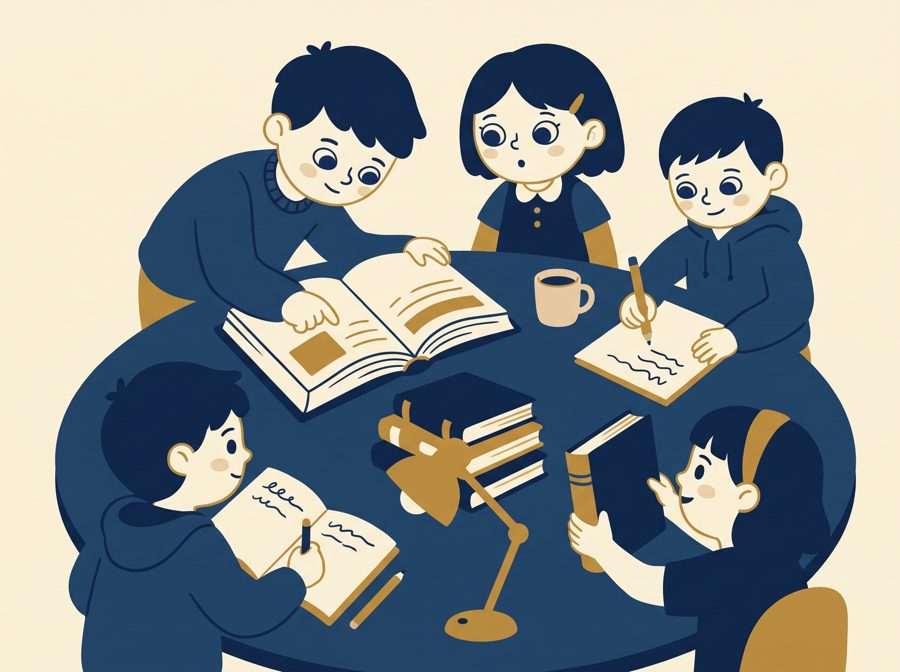 Estudiantes de Básica leyendo y estudiando